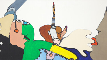 Bunte abstrakte Zeichnung mit mehreren stilisierten Gesichtern und Formen, darunter ein grünes Gesicht und ein gelber Arm.