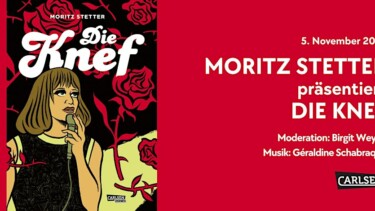 Buchcover mit Titel 'Die Knef' von Moritz Stetter, Frau mit kurzem Haar und schwarzem Kleid vor rotem Hintergrund mit Rosen und Dornen, Text zu Veranstaltung am 5. November 2025 mit Moderation und Musik.