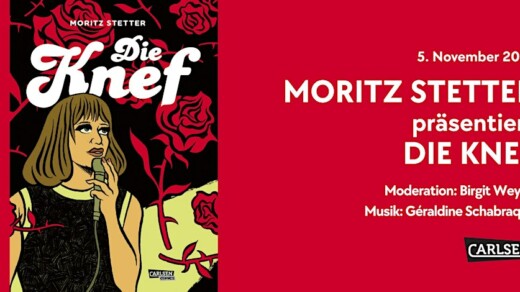 Buchcover mit Titel 'Die Knef' von Moritz Stetter, Frau mit kurzem Haar und schwarzem Kleid vor rotem Hintergrund mit Rosen und Dornen, Text zu Veranstaltung am 5. November 2025 mit Moderation und Musik.