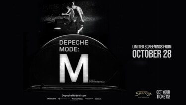 Schwarz-weiße Filmplakatgrafik mit tanzenden Personen über dem Schriftzug 'DEPECHE MODE: M' und Text 'LIMITED SCREENINGS FROM OCTOBER 28' sowie 'GET YOUR TICKETS!'