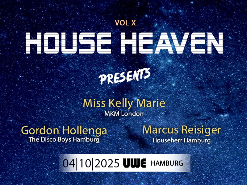 Das UWE feiert an diesem Samstag die HOUSE HEAVEN VOL X Party mit DJ-Sets von Miss Kelly Marie aus London und Gordon Hollenga von den Disco Boys
