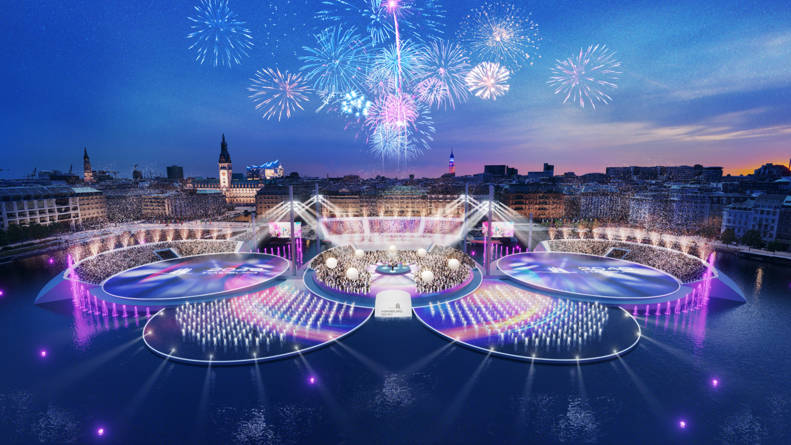 Eine Riesenshow? So wie auf dieser Visualisierung könnte die Feier der Olympischen Spiele auf der Binnenalster aussehen