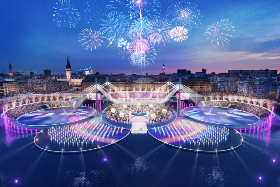 Eine Riesenshow? So wie auf dieser Visualisierung könnte die Feier der Olympischen Spiele auf der Binnenalster aussehen