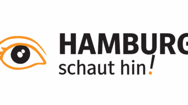 Slogan "Hamburg schaut hin!" mit Darstellung eines Auges