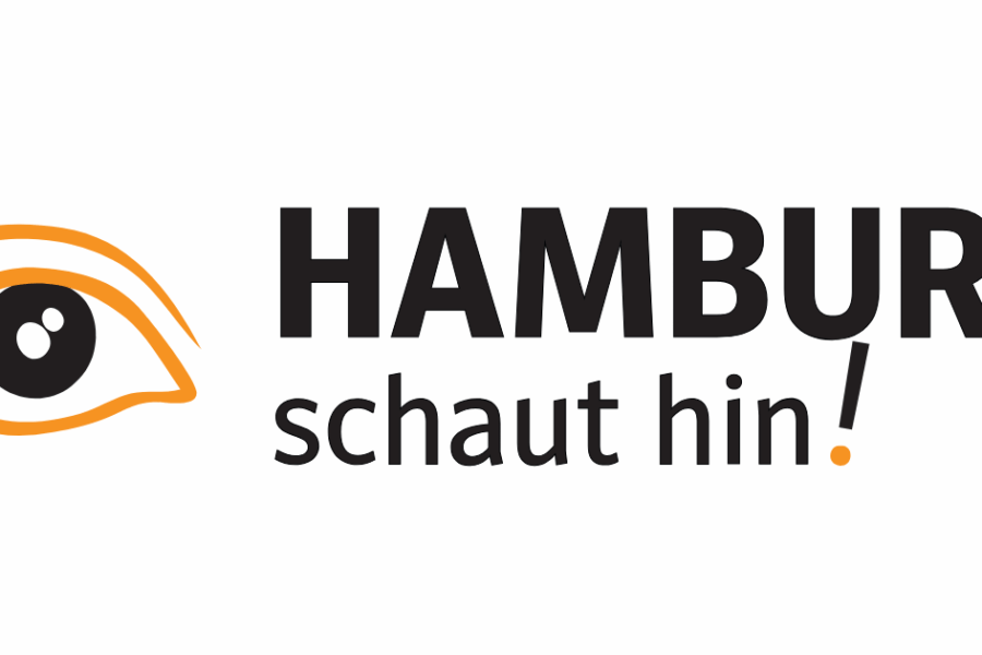Slogan "Hamburg schaut hin!" mit Darstellung eines Auges