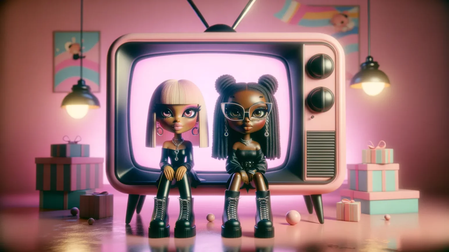 zwei Puppen vor einem Fernseher, animiert