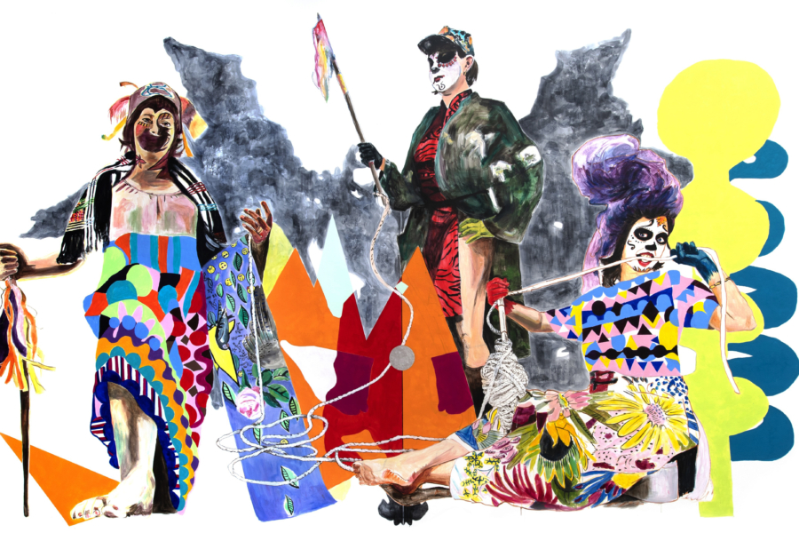 Titel: MOIREN, 2019 Ausstellung „Feelings" Pinakothek der Moderne, München, Mischtechnik auf Wand 500 x 1000 cm ©3 Hamburger Frauen