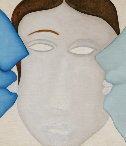 Vielsagender leerer Blick: Auf dem Gemälde „Moi, Moustafa et Paul“ von 1970 setzt sich die Künstlerin mitten zwischen zwei Kussmünder