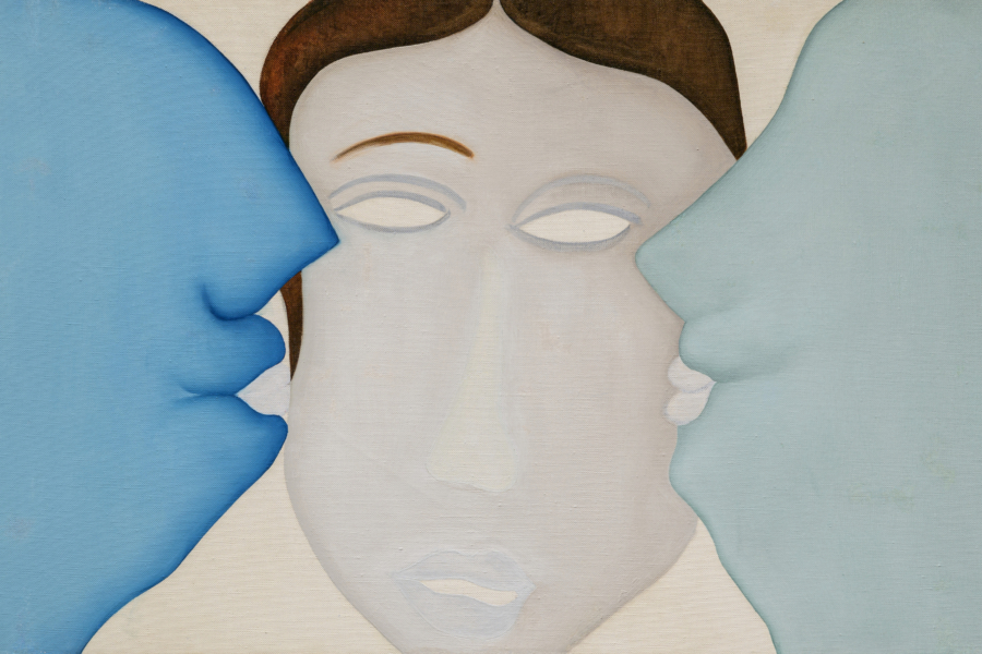 Vielsagender leerer Blick: Auf dem Gemälde „Moi, Moustafa et Paul“ von 1970 setzt sich die Künstlerin mitten zwischen zwei Kussmünder