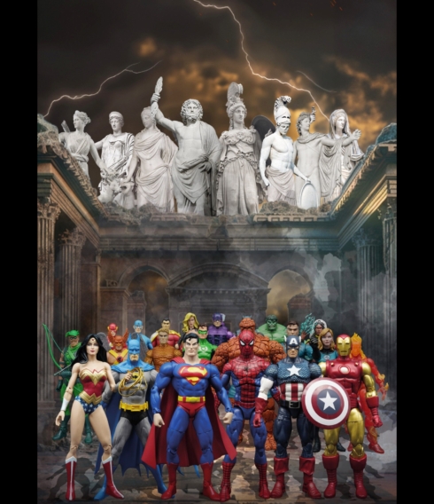 Eine übermächtige Verbindung, die Jahrtausende überbrückt: Marvels und DCs Comichelden vor olympischer Kulisse