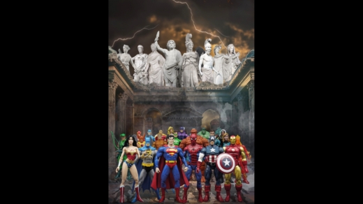 Eine übermächtige Verbindung, die Jahrtausende überbrückt: Marvels und DCs Comichelden vor olympischer Kulisse