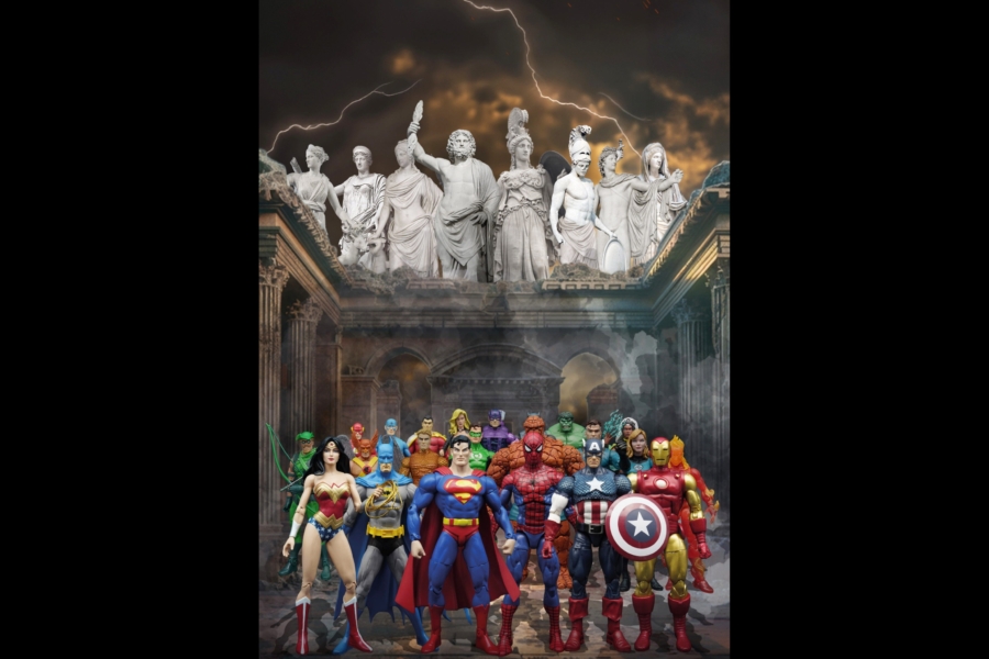 Eine übermächtige Verbindung, die Jahrtausende überbrückt: Marvels und DCs Comichelden vor olympischer Kulisse