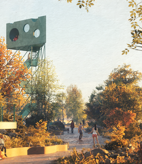 An der Stelle am Hafen, wo sonst häufig Wohnwagen und Wohnmobile stehen, werden Bäume gepflanzt und moderne Installationen entstehen. Hier zu sehen das „Käse-Haus“ auf Stelzen  (©Rabe Landschaften & White Arkitekter)