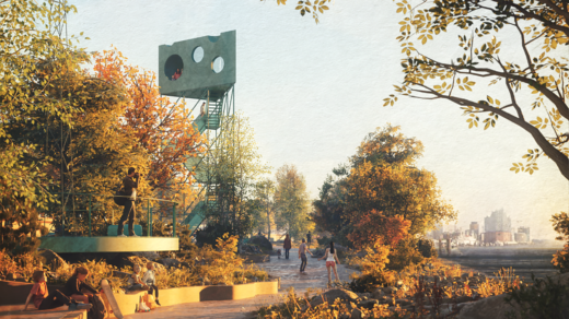 An der Stelle am Hafen, wo sonst häufig Wohnwagen und Wohnmobile stehen, werden Bäume gepflanzt und moderne Installationen entstehen. Hier zu sehen das „Käse-Haus“ auf Stelzen  (©Rabe Landschaften & White Arkitekter)