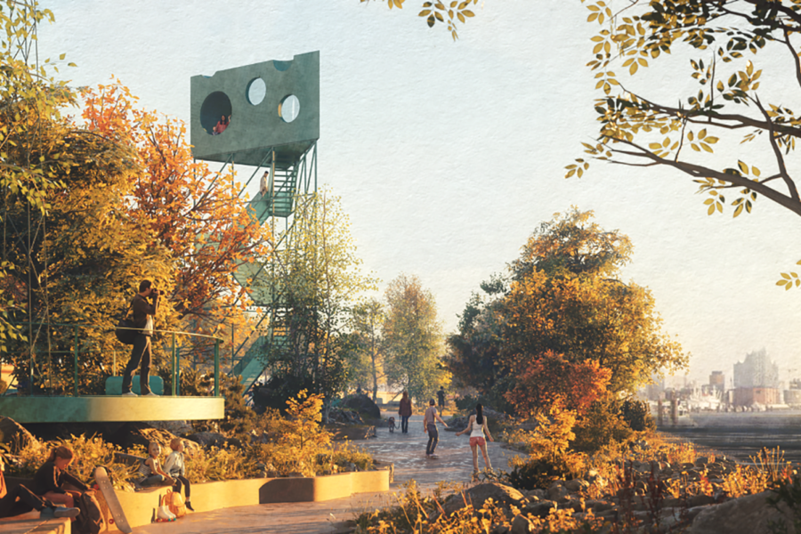 An der Stelle am Hafen, wo sonst häufig Wohnwagen und Wohnmobile stehen, werden Bäume gepflanzt und moderne Installationen entstehen. Hier zu sehen das „Käse-Haus“ auf Stelzen  (©Rabe Landschaften & White Arkitekter)