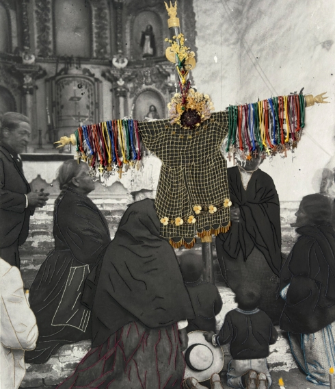 Indem sie historische Dokumente bearbeitet, befragt Marystela Camacho die Geschichte, hier etwa das bestickte Foto „Kreuzfest von Motupe” (1907) von H. H. Brüning