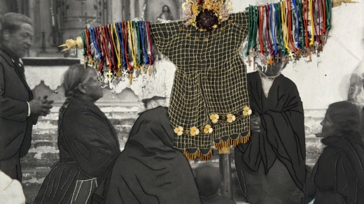 Indem sie historische Dokumente bearbeitet, befragt Marystela Camacho die Geschichte, hier etwa das bestickte Foto „Kreuzfest von Motupe” (1907) von H. H. Brüning