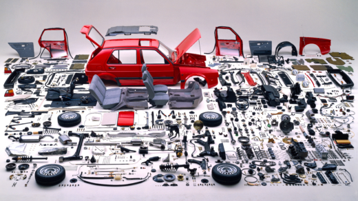 Ordentlich zerlegt: Den Print des VW Golfs in Einzelteilen erstellte Hansen 1988 im Auftrag der Volkswagen AG