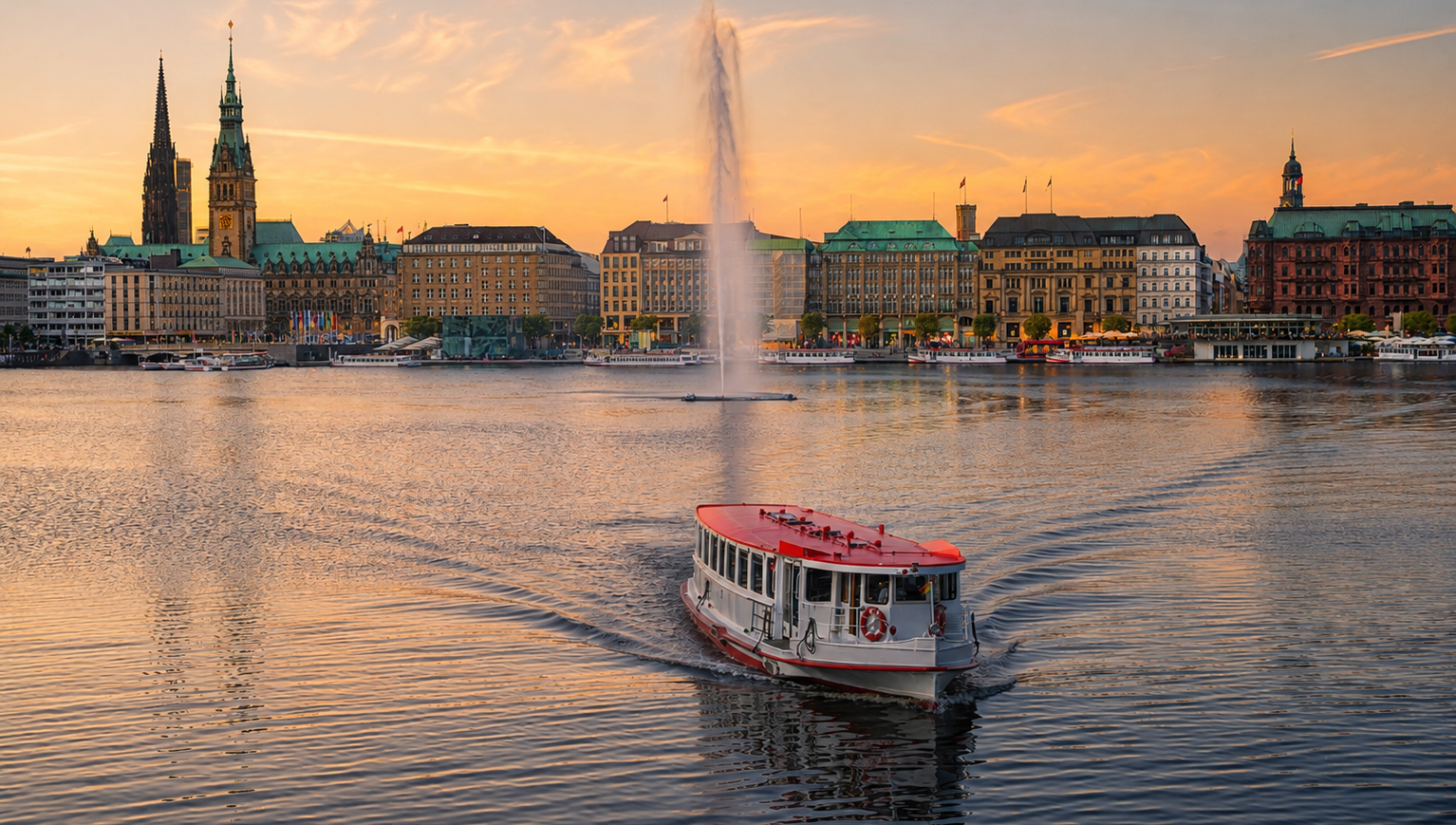 Die Alster und ihre Kanäle bei Abenddämmerung erleben, mit der Lichterfahrt auf den Schiffen der Alster-Touristik